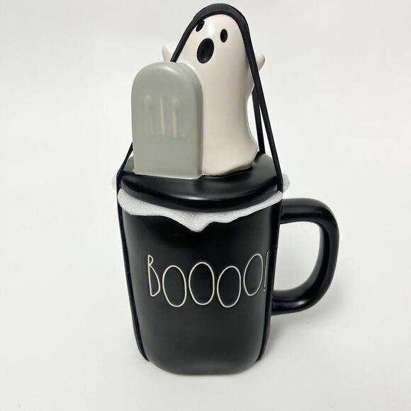 Rae Dunn Halloween BOOOO! Black Mug with White Ghost + RIP Headstone Topper NEW! - Picture 1 of 5